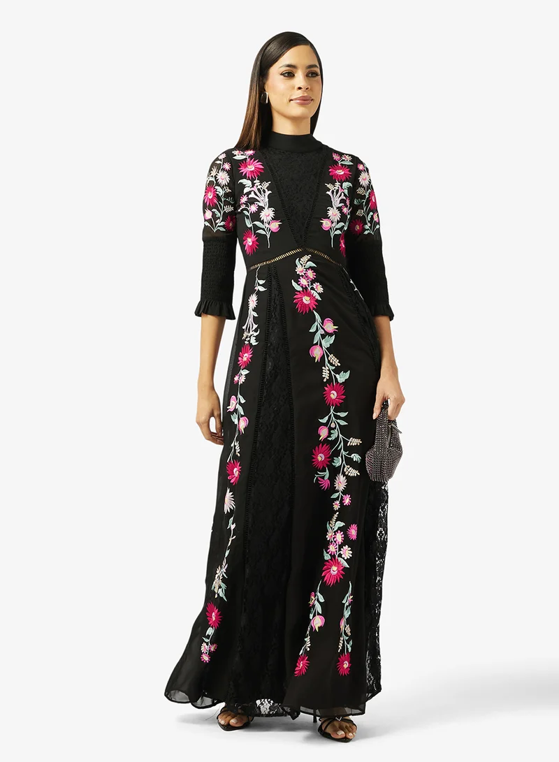 Frock and Frill Embroidered Puff Sleeve Mesh Neck Maxi Dress